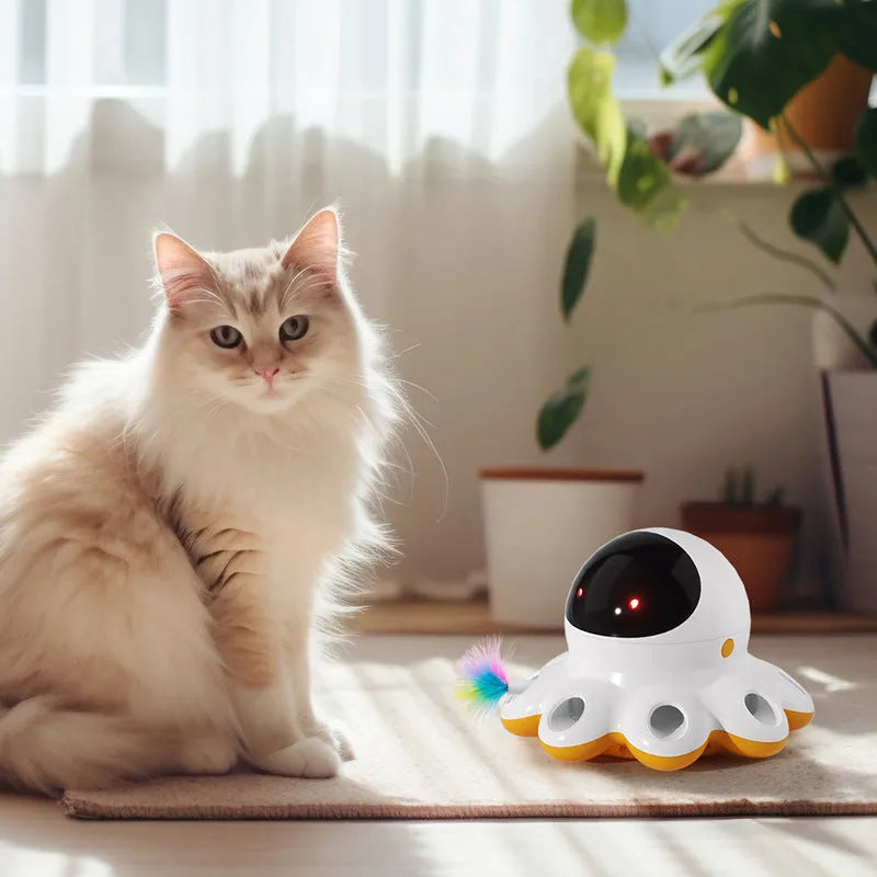 Electric cat teaser toy with automatic feather wand and LED lights in yellow colour