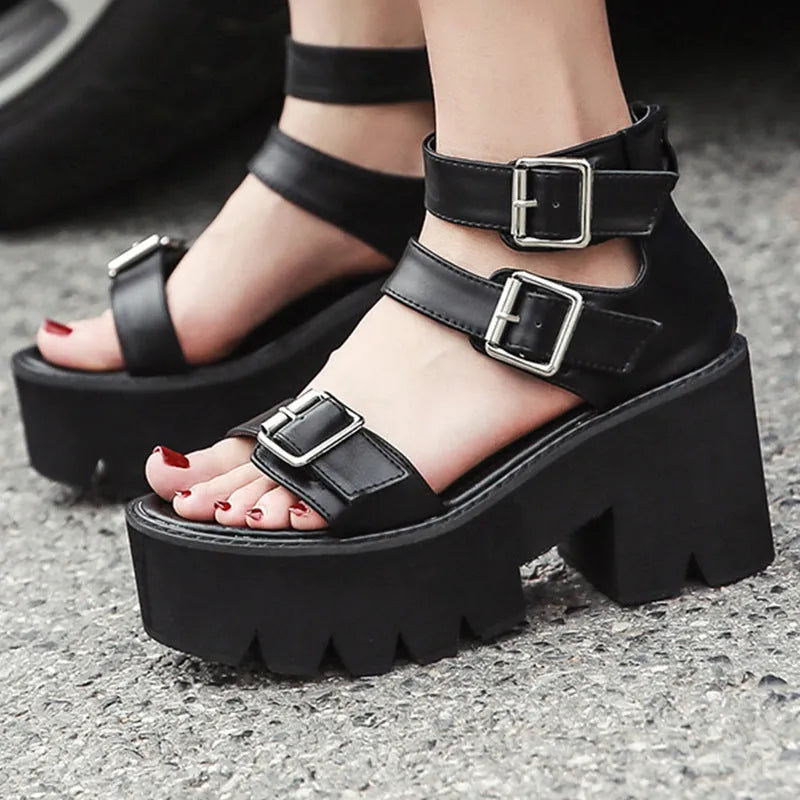 Black women's punk Harajuku style sandals with chunky heel, thick bottom, back zipper, and buckle detail