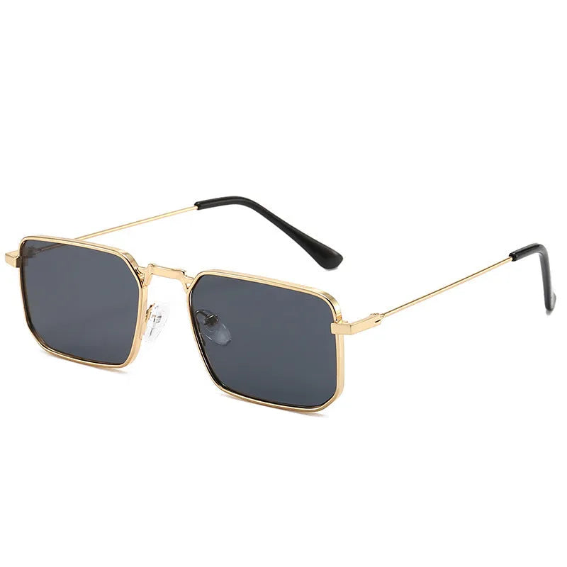 Men's square steampunk sunglasses showing gold frame with grey lenses and black frame option.