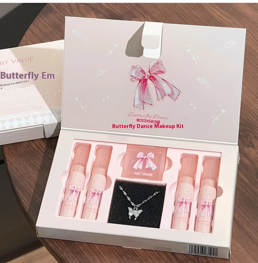 Butterfly Box make-up set with pink matte lip mud, blusher, and necklace.