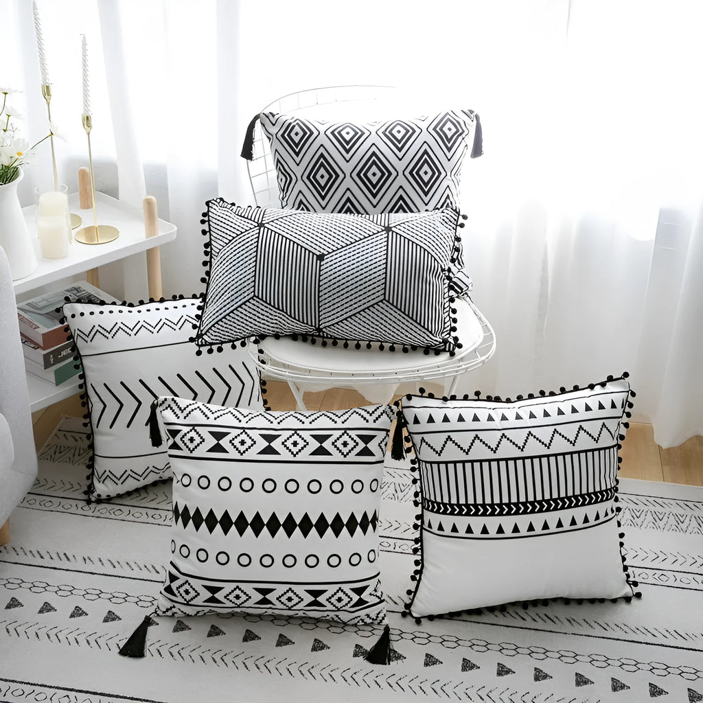 Bohemian National throw pillow in light grey colour with 30x50cm rectangular shape on living room sofa