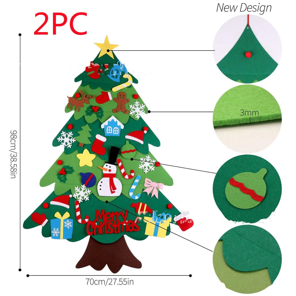 Green DIY felt Christmas tree with fairy-tale lights mounted on wall with decorative ornaments