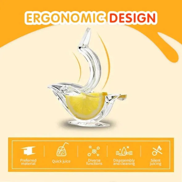 Transparent acrylic bird-shaped manual lemon juicer on a kitchen counter