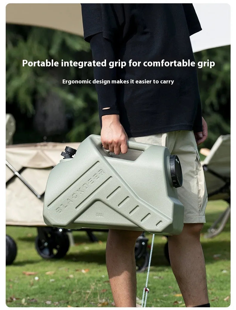 Green portable water storage tank in 13 litre or 18 litre size for camping and home use.