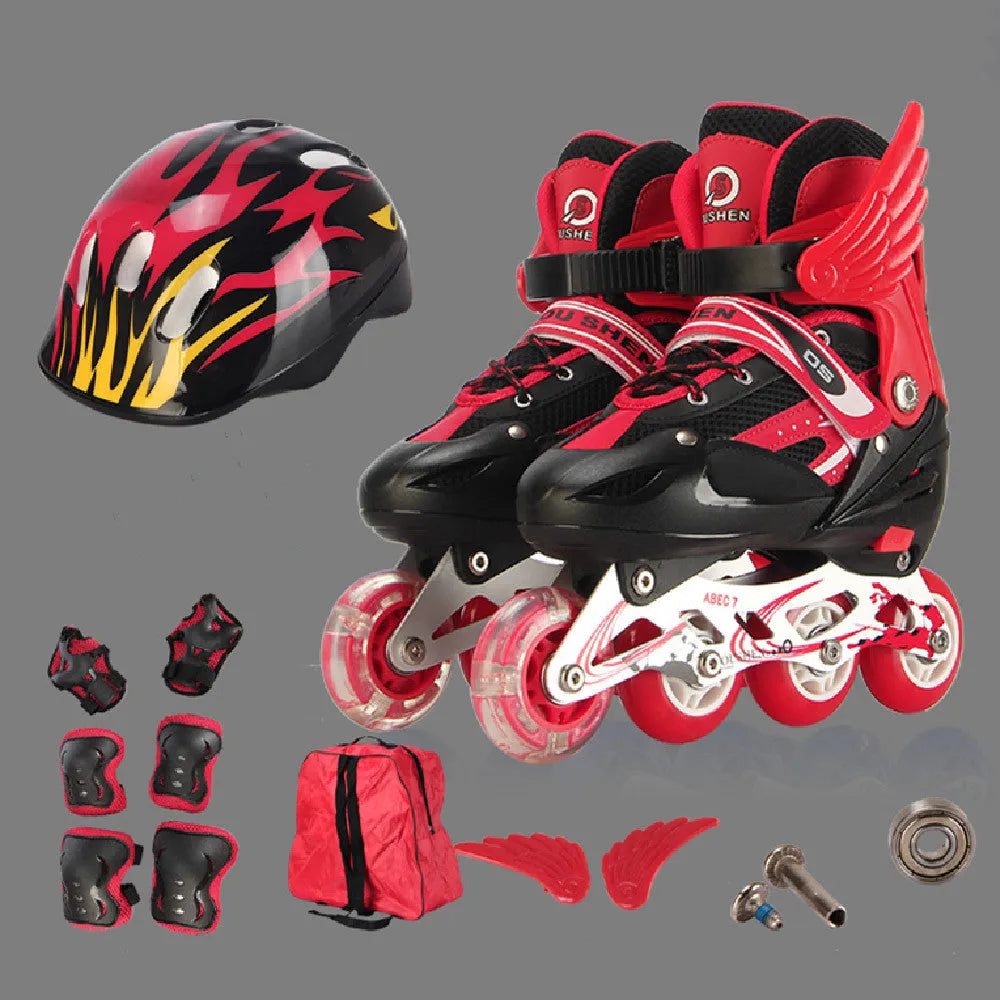 Adjustable children's skating shoes in five colours with aluminium bracket, helmet, and protective gear set