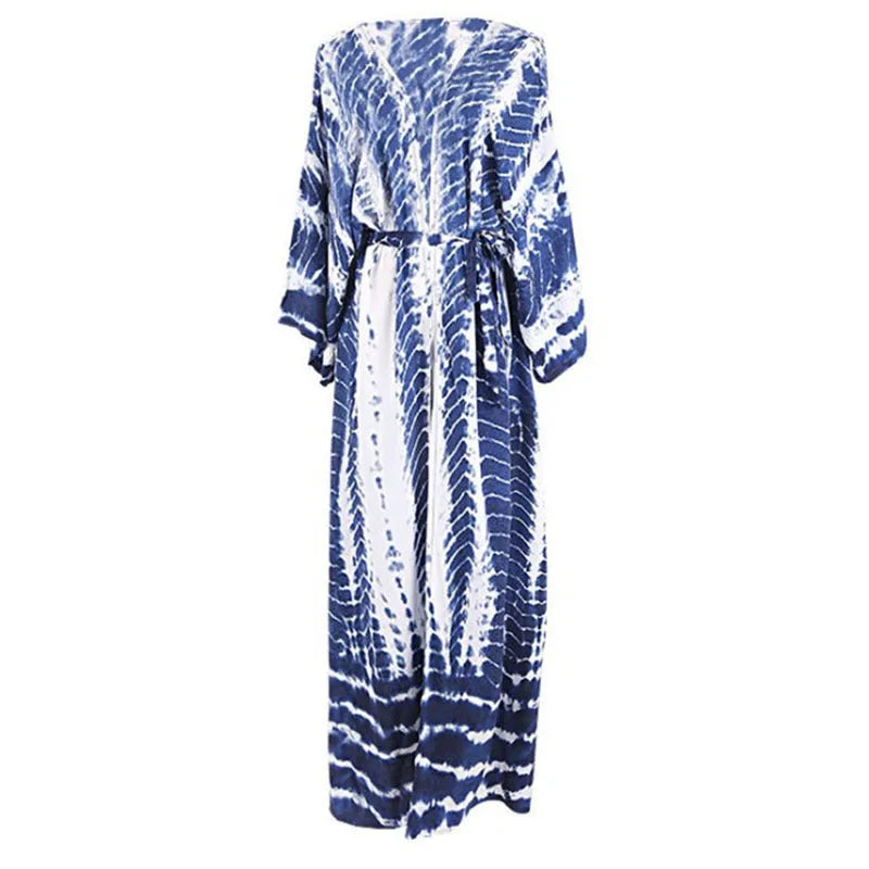 Printed loose beach cover-up blouse with 135cm length and 28cm sleeves in cotton fabric