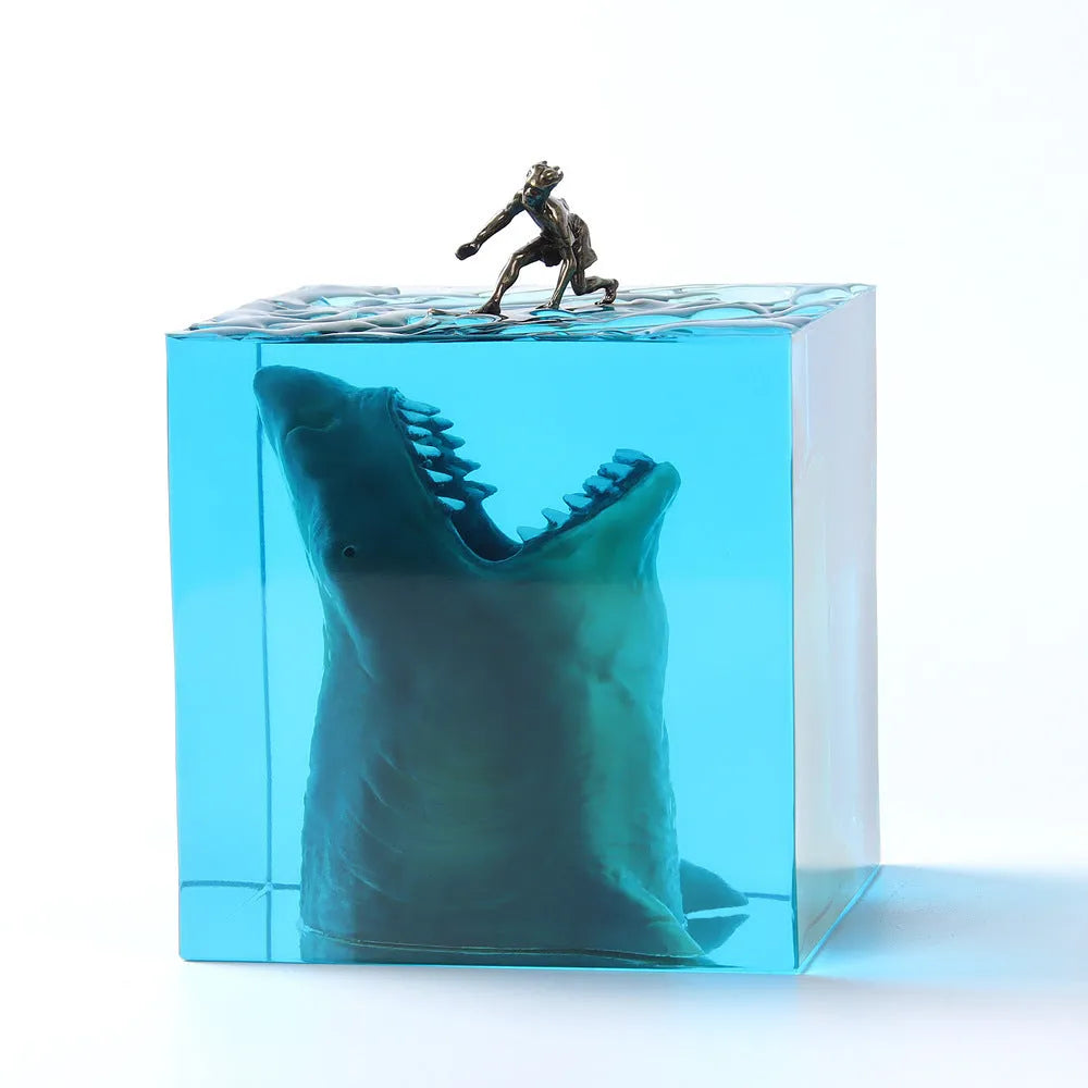 Ocean Shark Surfer resin night light ornament with integrated LED holder in 5cm or 8cm size, showing handcrafted shark surfing scene