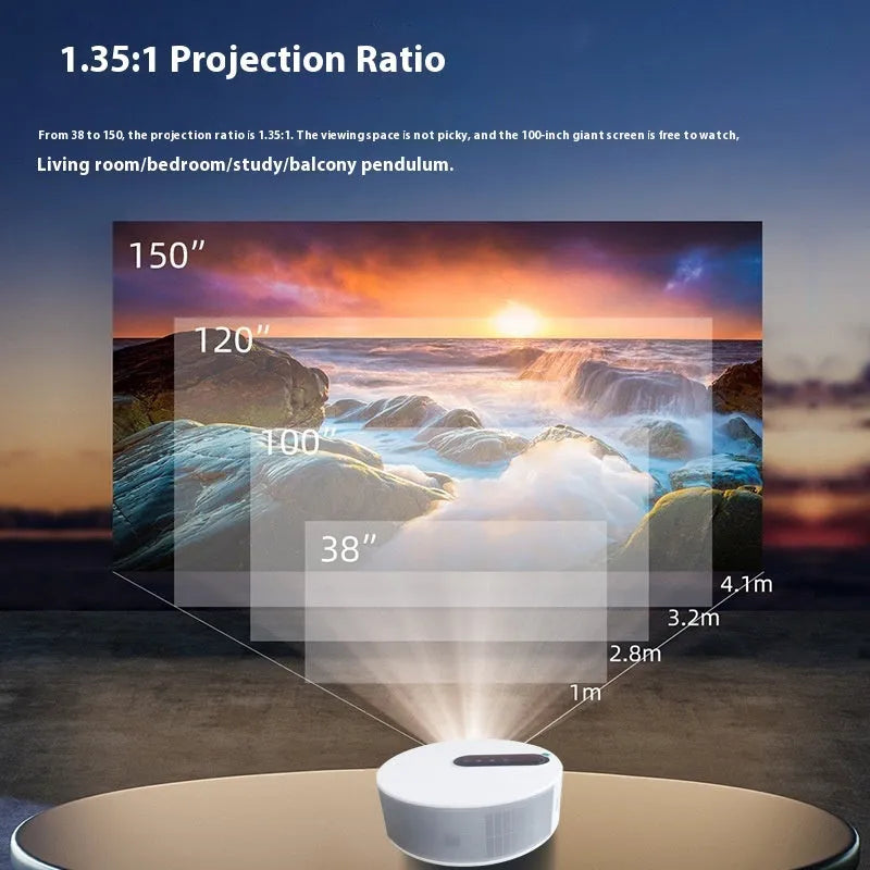 White HD home theatre projector with remote control on table, showing 720p resolution and 200LM brightness for bedroom viewing