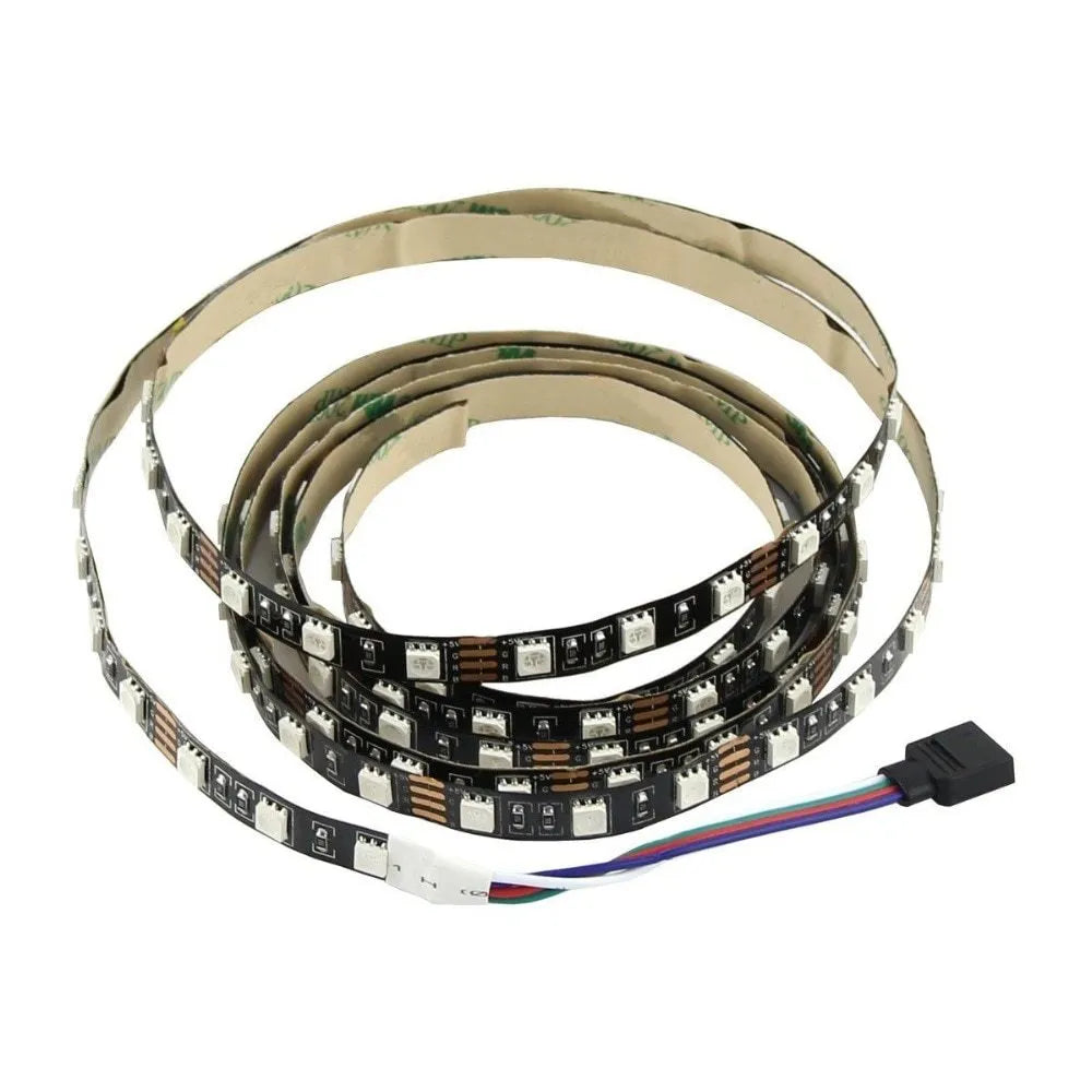 Close-up of a flexible white USB LED light strip with SMD5050 chips and a USB plug.