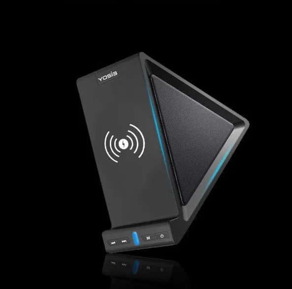 Black multifunctional Bluetooth speaker with integrated mobile phone stand and wireless charging surface, measuring 165x80x130mm