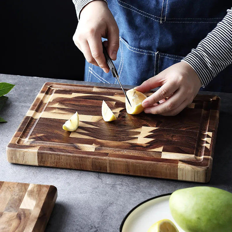 Brown solid wood cutting board with 3cm thickness for kitchen food preparation tasks