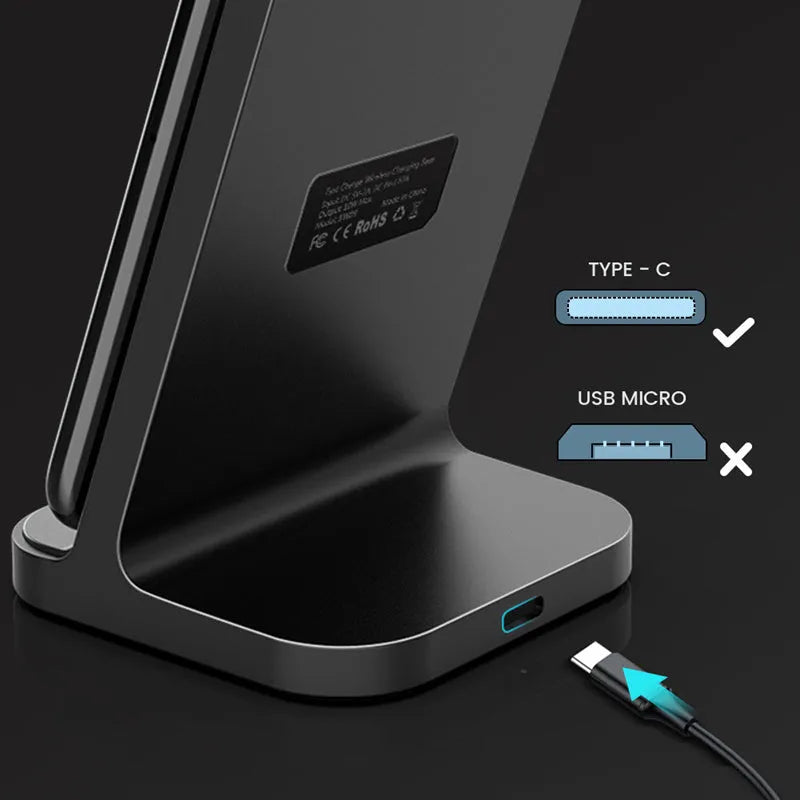 Dark grey vertical wireless charger stand for Apple iPhones measuring 70mm square