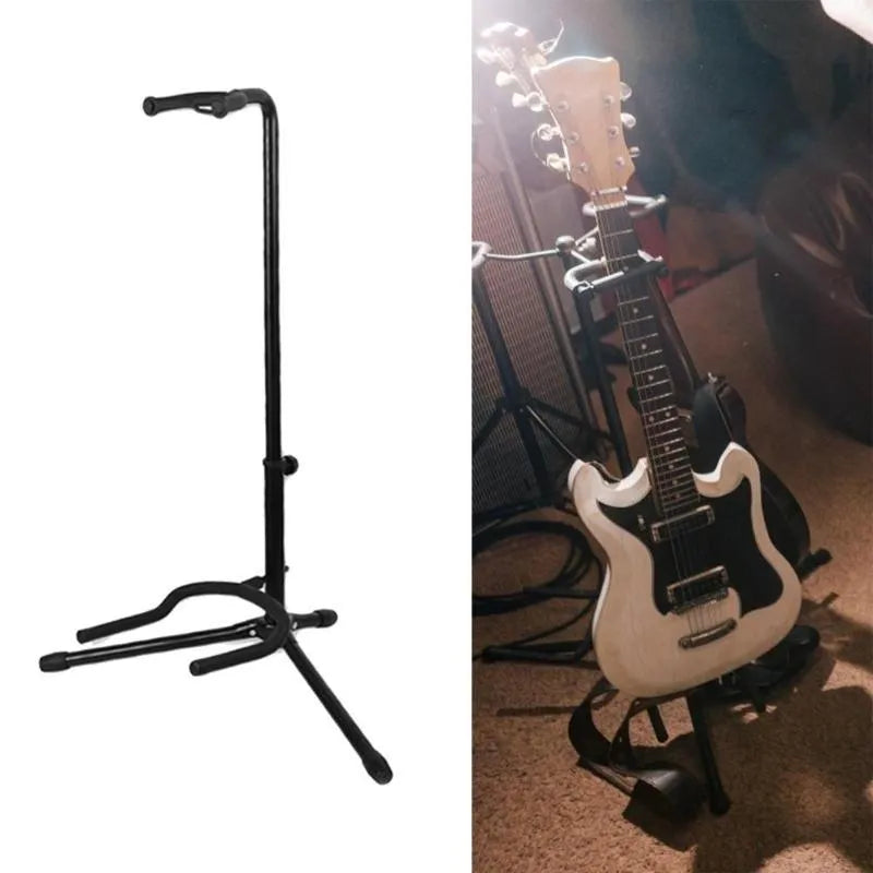 Black metal foldable guitar floor stand with soft rubber protectors for acoustic and electric guitars.