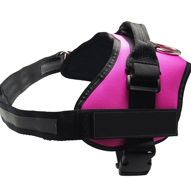 Adjustable nylon dog harness vest with reflective strips and a handle in a selection of colours.