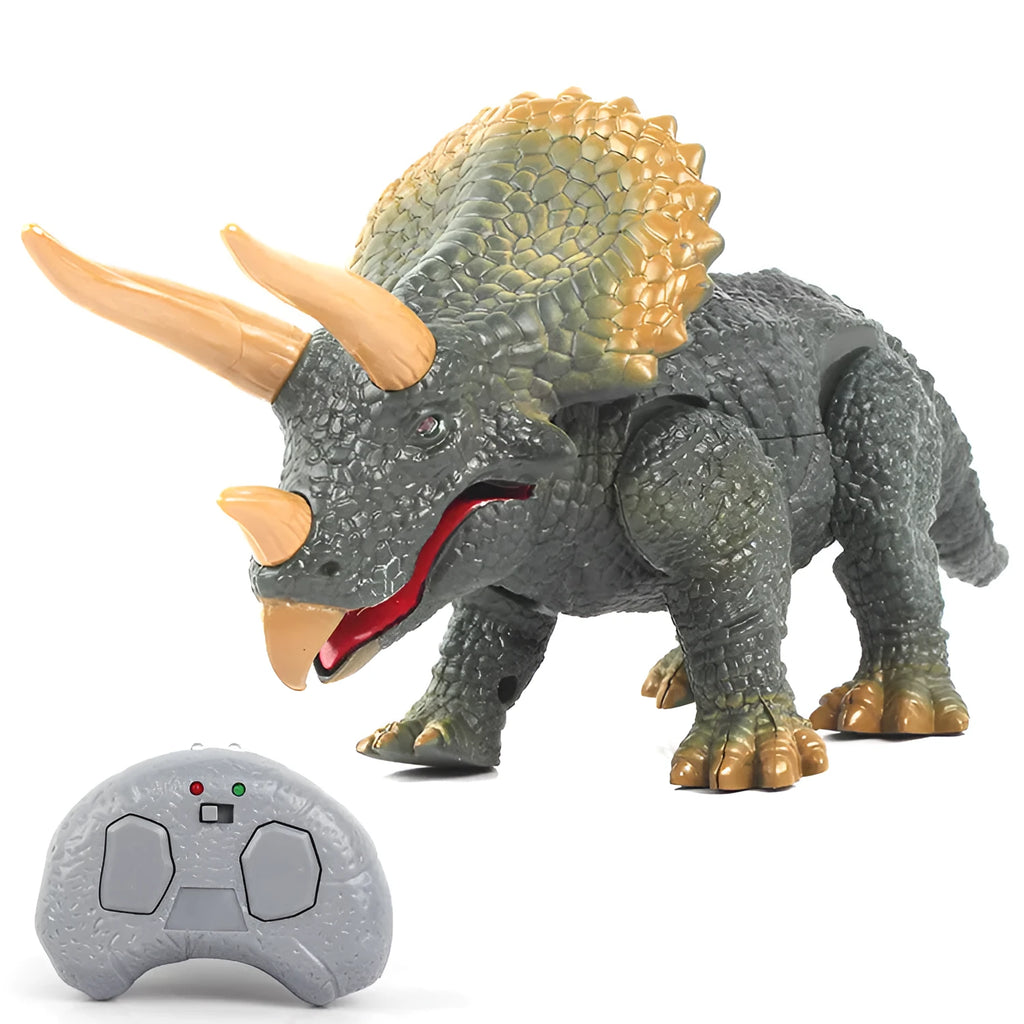 Remote control electric Triceratops dinosaur toy with remote handle and charging cable in colour box