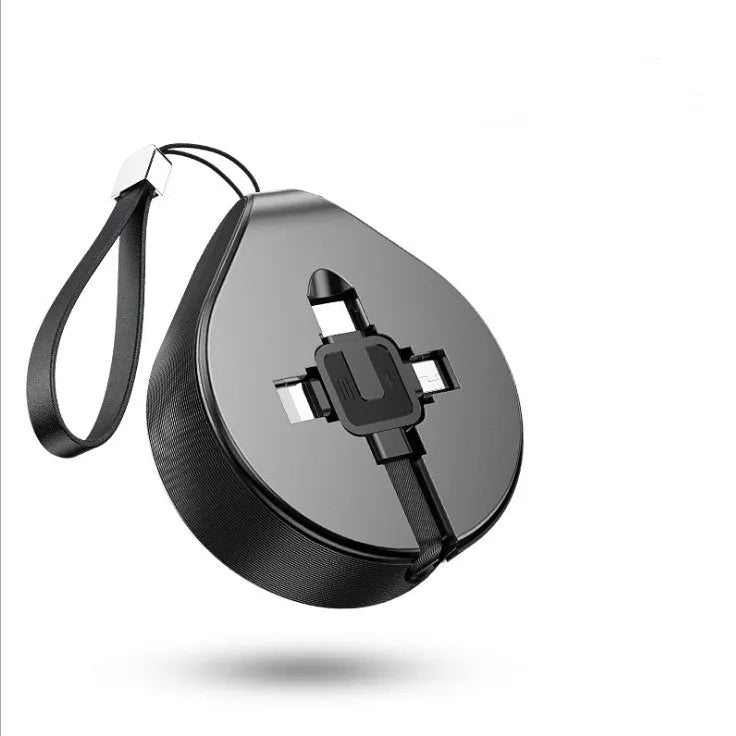 Telescopic three-in-one fast charging data cable extended to 1m, showing connectors for Lightning, micro-USB, and USB-C.