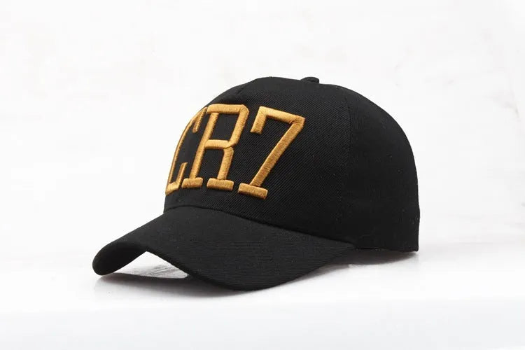 CR7 baseball cap in black with cotton satin weave, letter pattern, curled eaves and big brim.