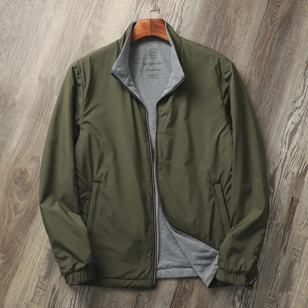 Men's Army Green stand collar casual jacket on a hanger, showing button front and regular sleeve cut.