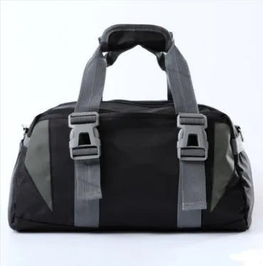 Waterproof nylon yoga and gym bag in black, shown in medium and large sizes.