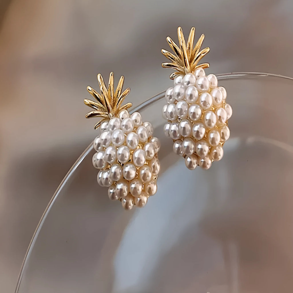 Korean style pineapple starfish pearl earrings in alloy with electroplated finish and stone inlay