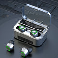 Black wireless Bluetooth TWS earphones with touch controls on a white background