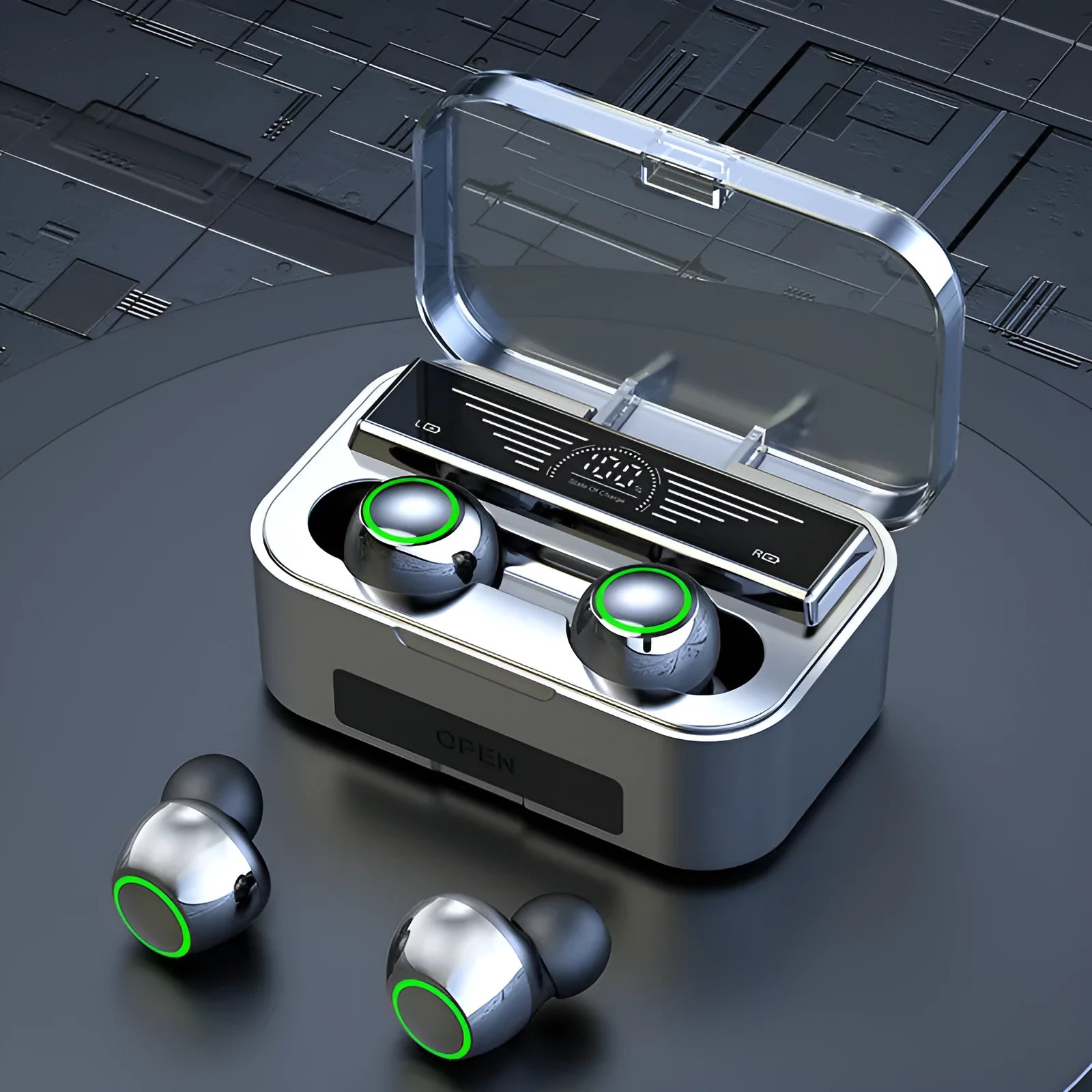Black wireless Bluetooth TWS earphones with touch controls on a white background