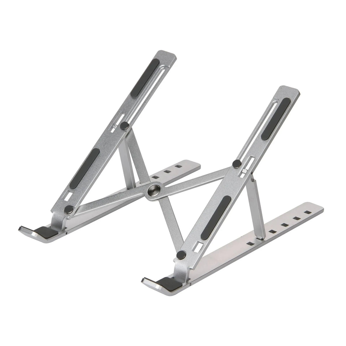 Silver folding computer stand in aluminium alloy with silicone points for laptops under 16 inches
