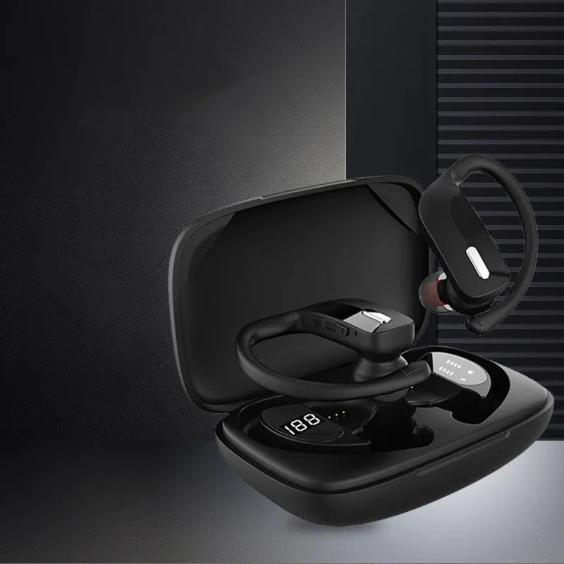 Black wireless Bluetooth headset with hanging ear design and LED digital display