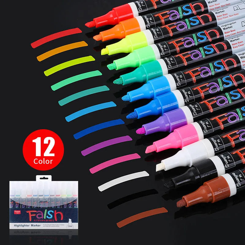 Electronic fluorescent plate highlighter with 6mm tip, pressure valve design, and erasable ink for 300-metre drawing on boards
