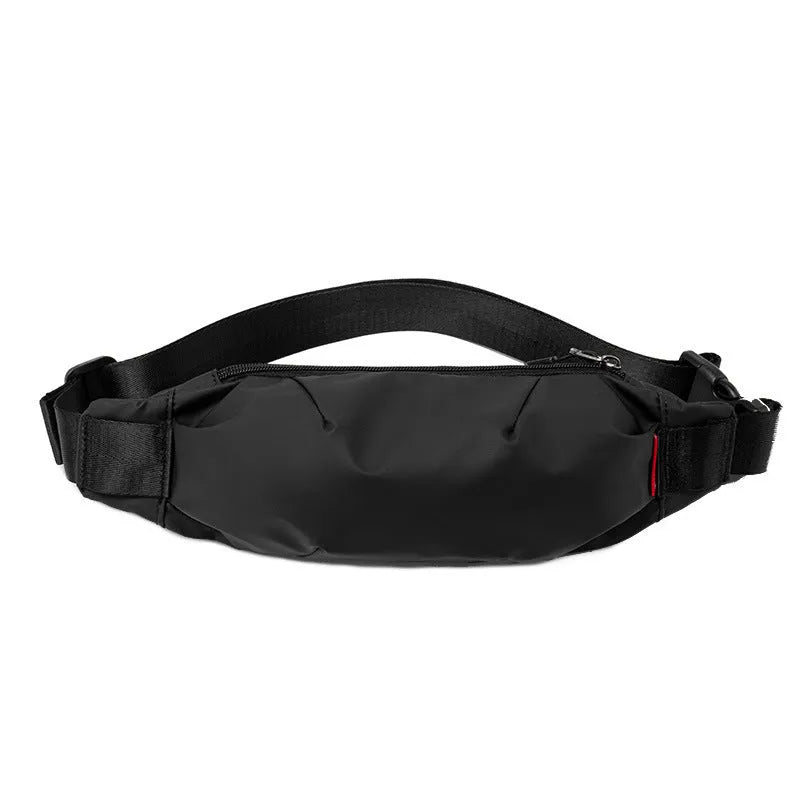 Black Oxford cloth waist pack with zipper opening showing internal mobile phone and ID card pockets
