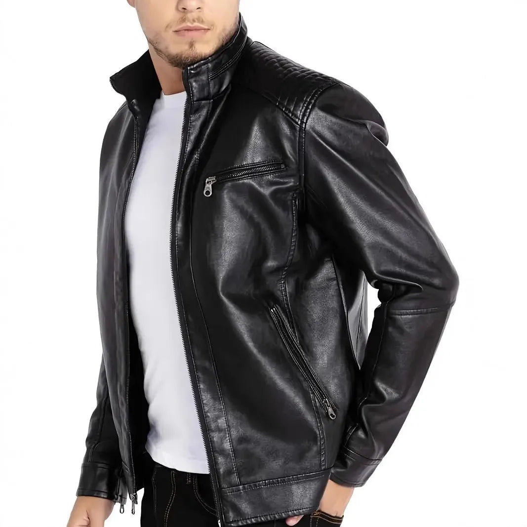 Men's artificial leather motorcycle jacket with stand collar and straight hem design in Army Green colour