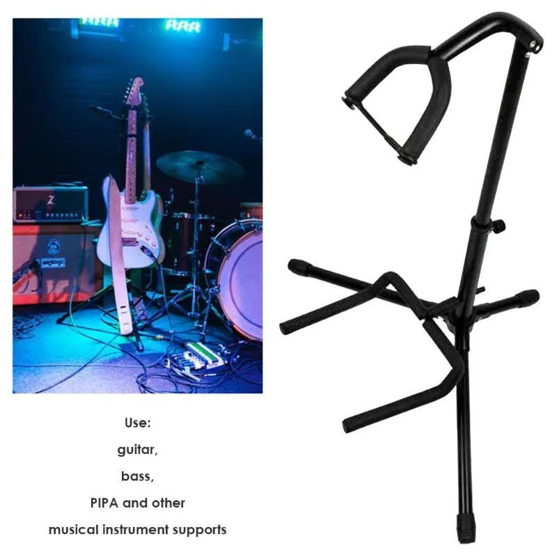 Black metal foldable guitar floor stand with soft rubber protectors for acoustic and electric guitars.