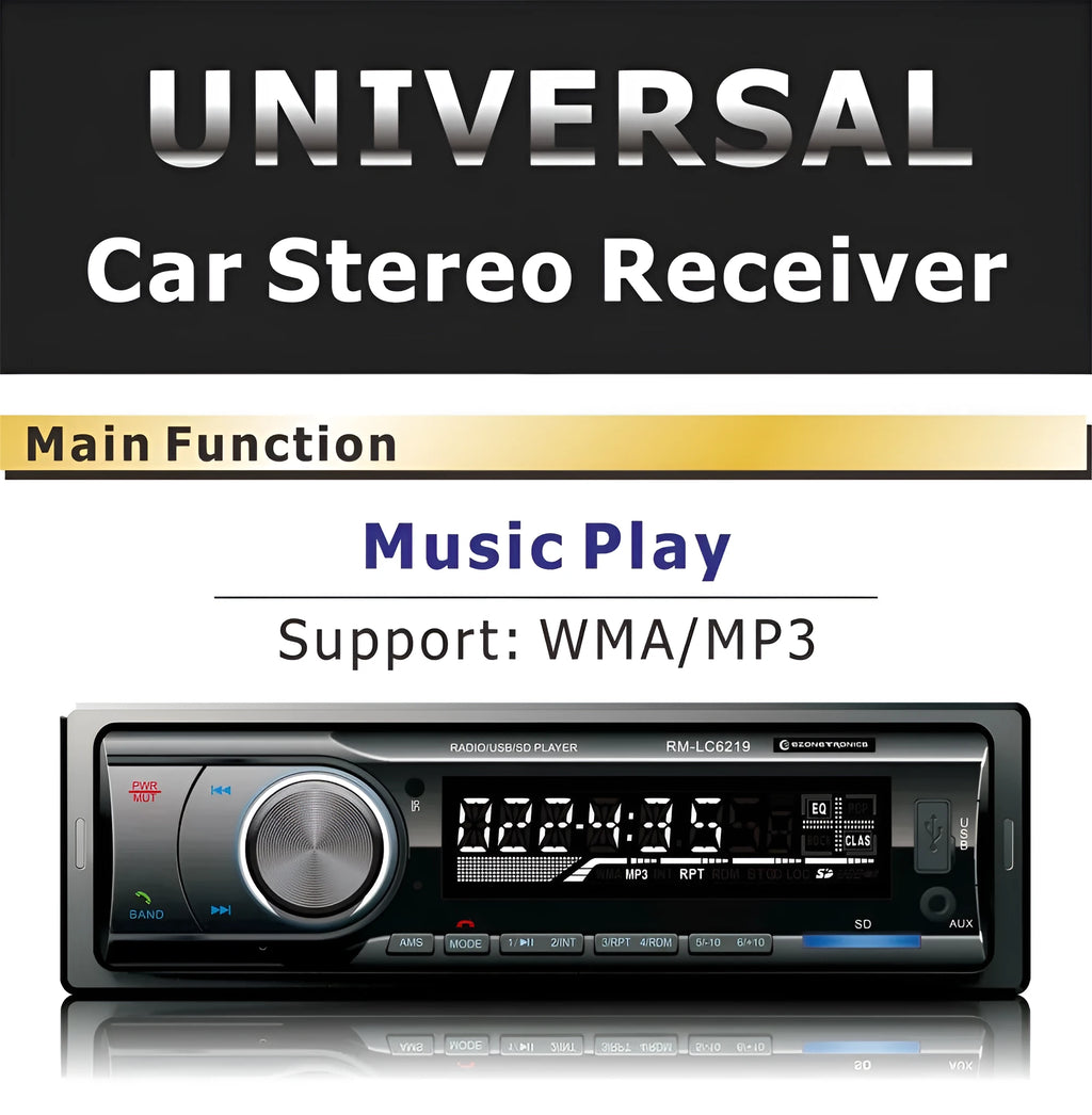 EZONETRONICS car Bluetooth FM MP3 stereo receiver with USB, SD, and AUX inputs on front panel.