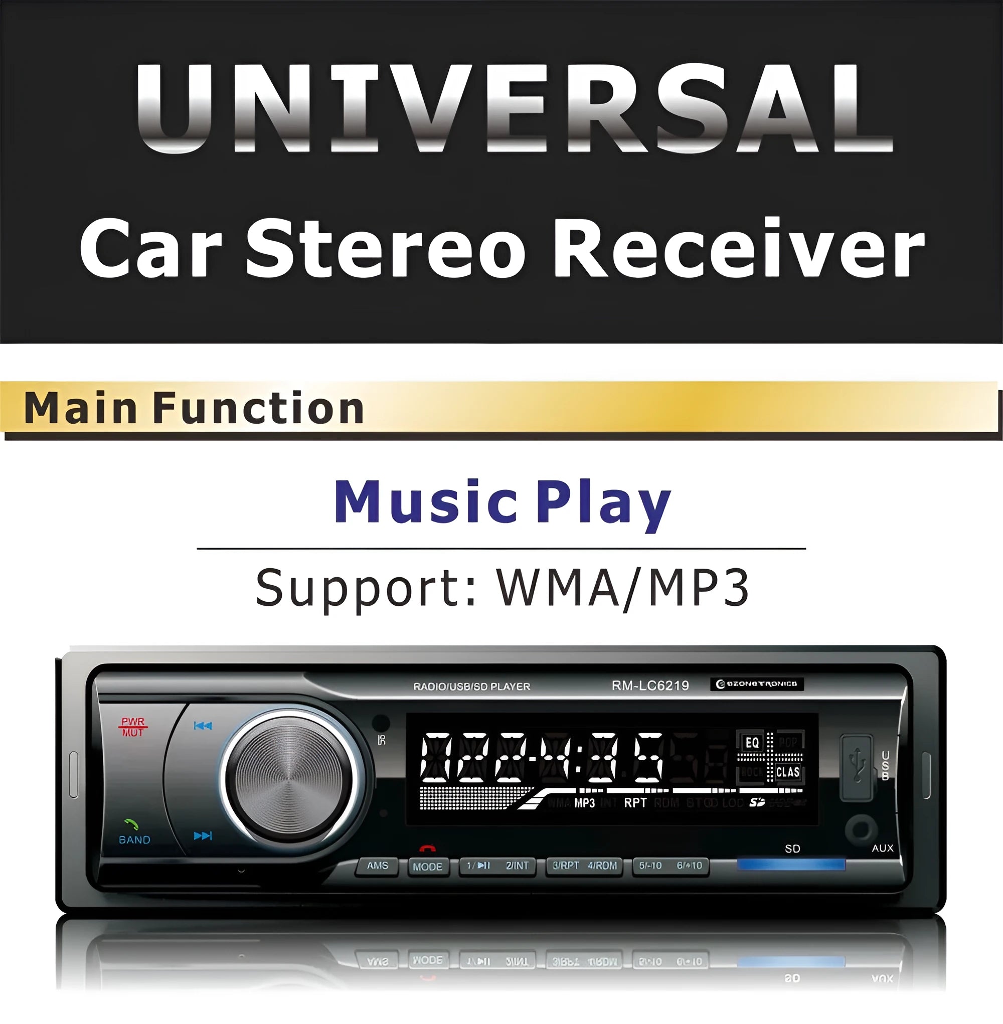 EZONETRONICS car Bluetooth FM MP3 stereo receiver with USB, SD, and AUX inputs on front panel.