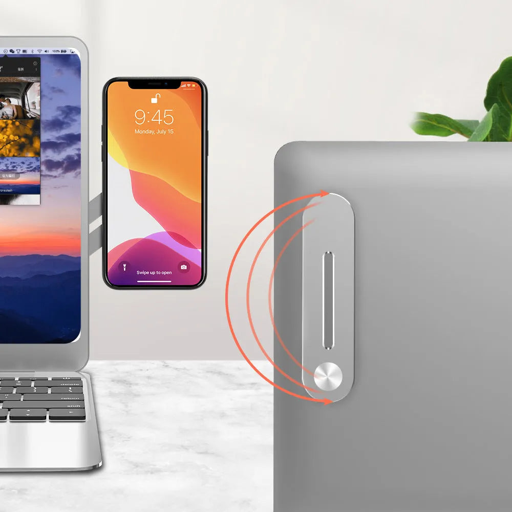 Aluminium alloy laptop side mount bracket holding a smartphone with magnetic attachment and adjustable arm