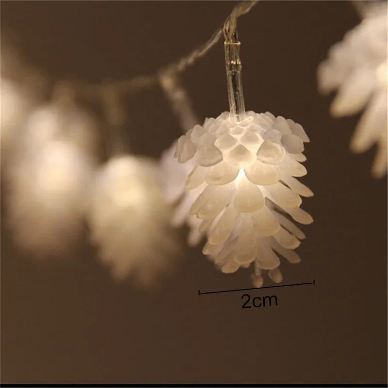 Warm white LED pine cone light string with battery operation for decorative lighting