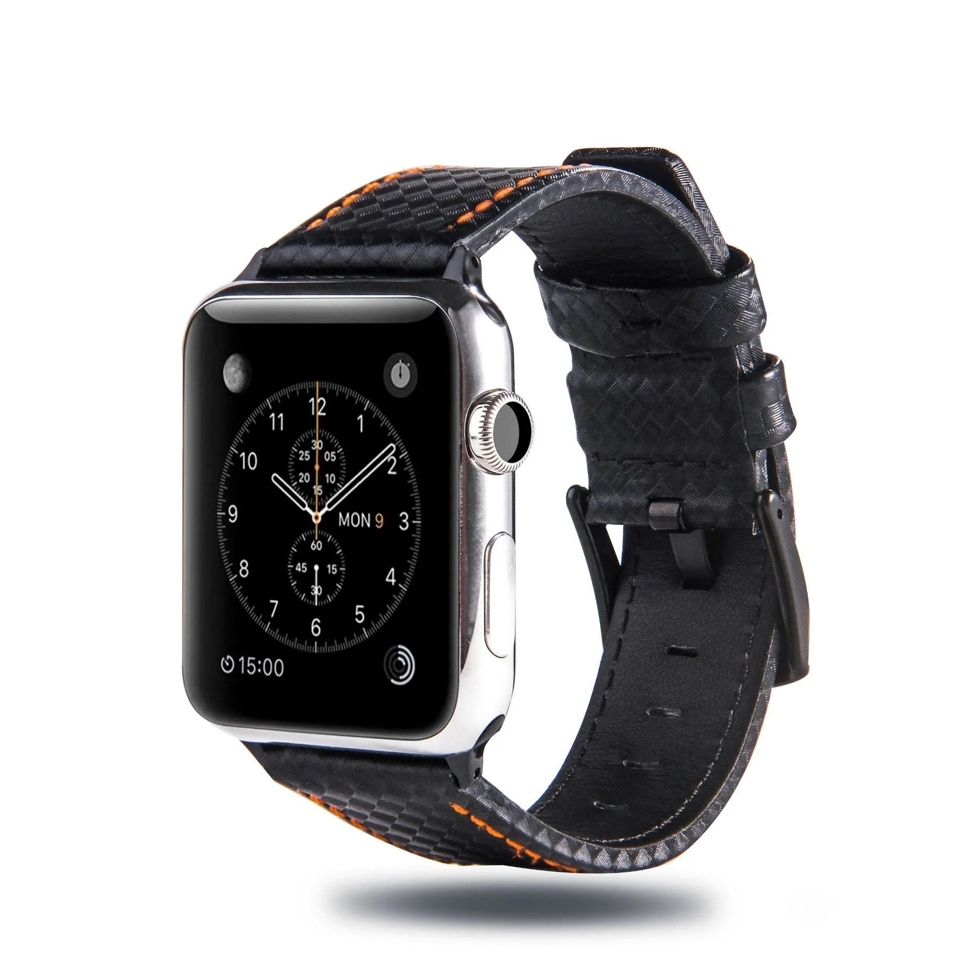 iPhone case with carbon fibre pattern and leather straps in red, black, orange, and blue colour options