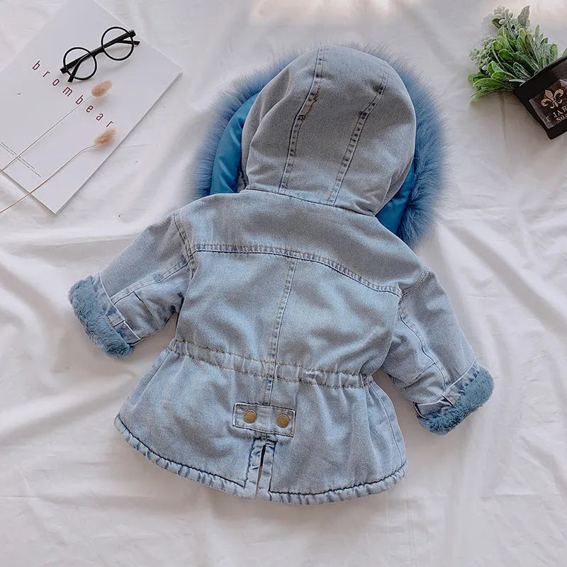 Girls blue denim coat with attached hat and velvet lining for winter wear