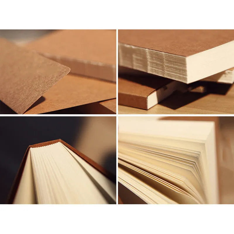 Brown kraft paper sketchbook and white paper sketchbook in 16K and 32K sizes, showing flat wireless binding.