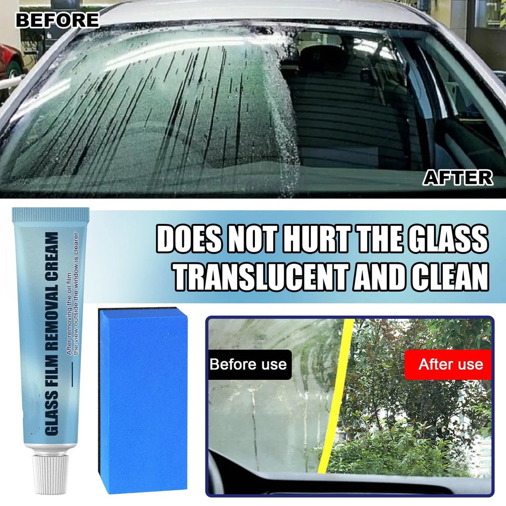 Blue car glass oil film remover with sponge applicator, product measures 13.7cm long