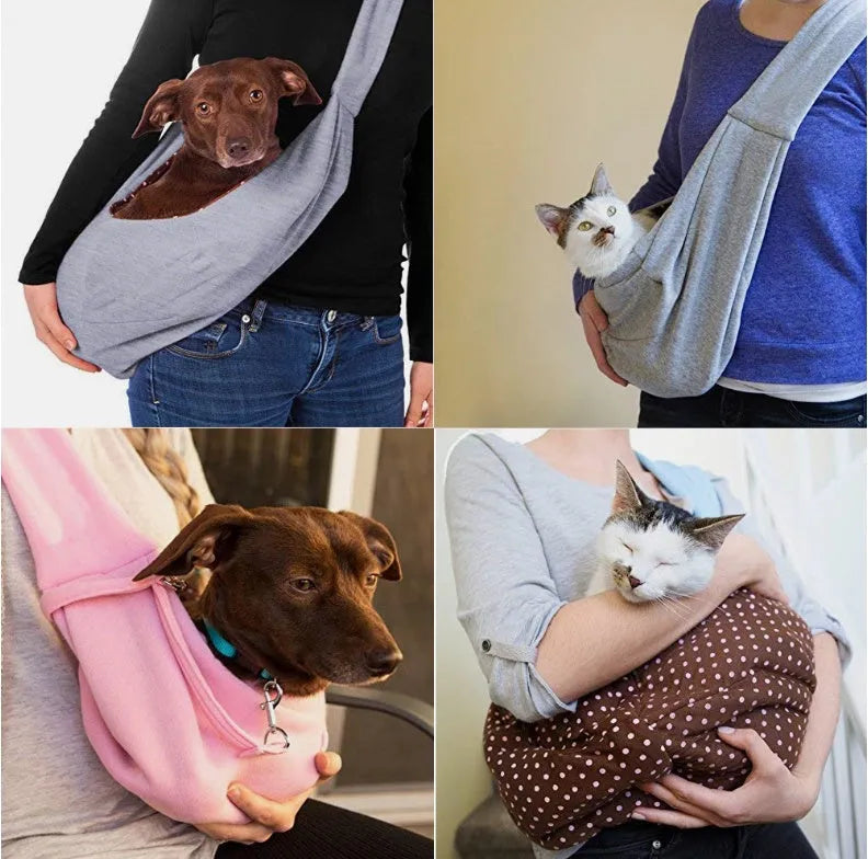 Foldable pet shoulder bag in cotton and hemp with printed knitted lining, 70cm x 50cm, crossbody strap, pink grey blue canvas lake blue