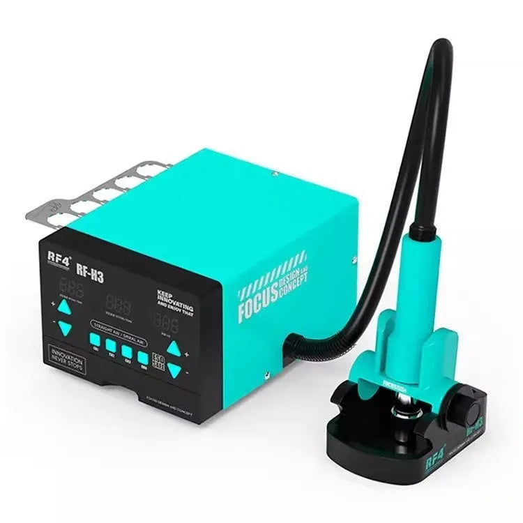 RF4H2 hot air rework station with digital display and three nozzle attachments for BGA chip removal