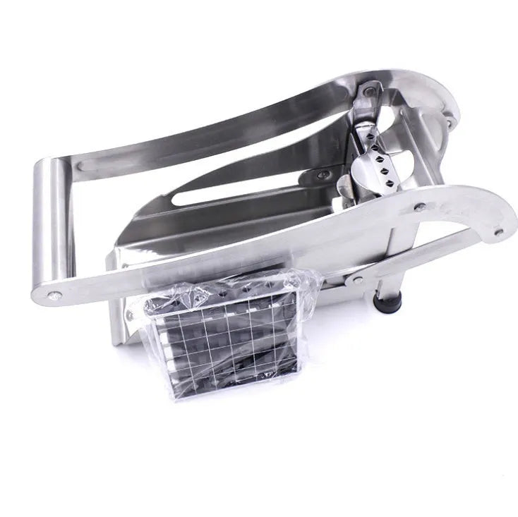 A potato cutter chopper with two stainless steel blades and a non-slip rubber foot on a kitchen counter.