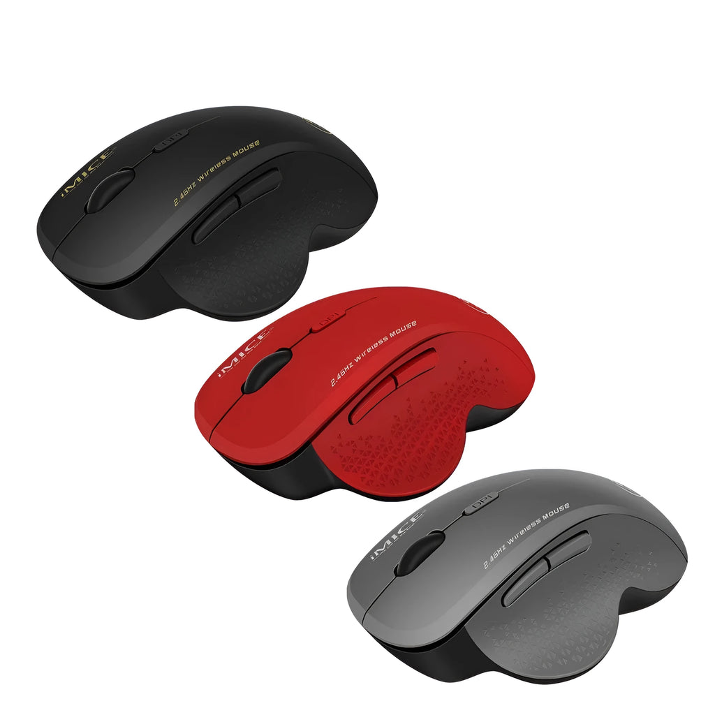 2.4G wireless mouse with six buttons, USB connection, 113x80x48mm, available in Obsidian Black, Ruby Red, Black Iron Grey