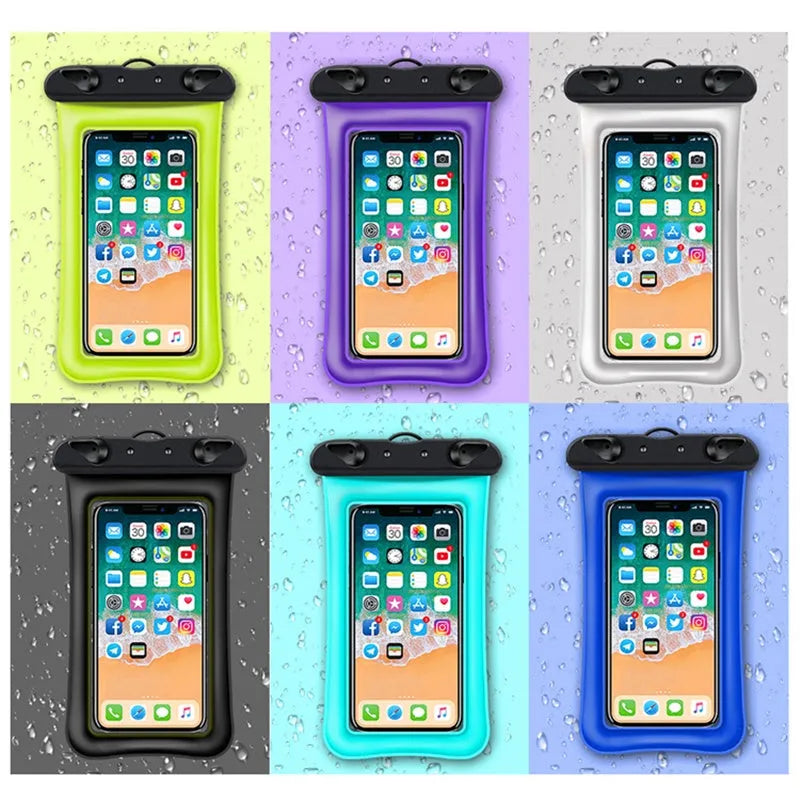 Double airbag mobile phone waterproof bag in orange with 45cm rope and ABS switch, showing lightweight design