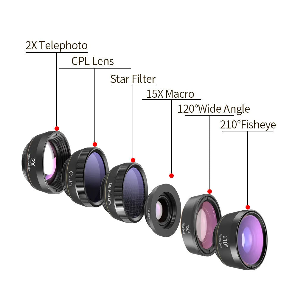 Black 6-in-1 mobile phone lens kit with fisheye, wide-angle, macro, telephoto, CPL and star filters in EVA case