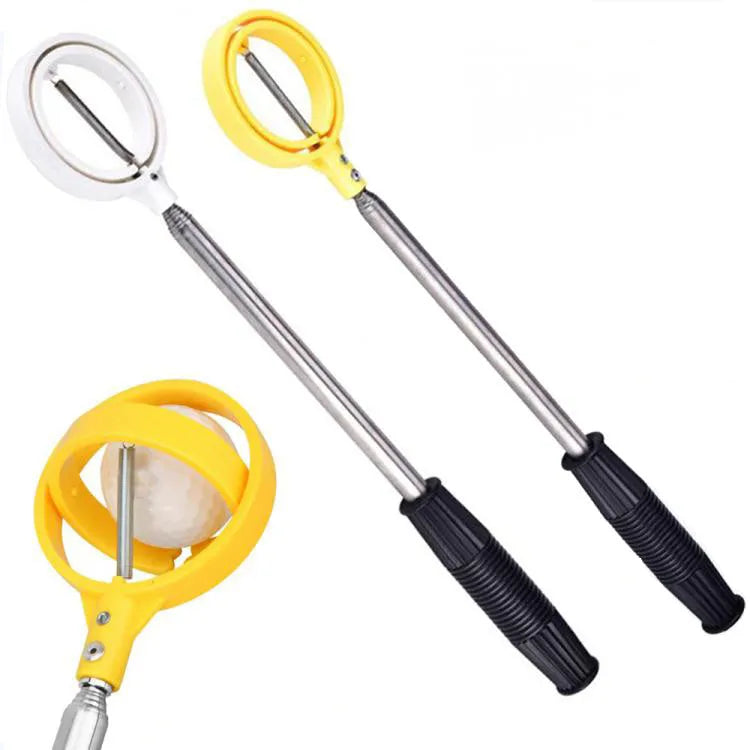 Yellow 8-section stainless steel retractable golf ball picker, 2 metre telescopic pole, folds to 43 x 8 x 5 cm
