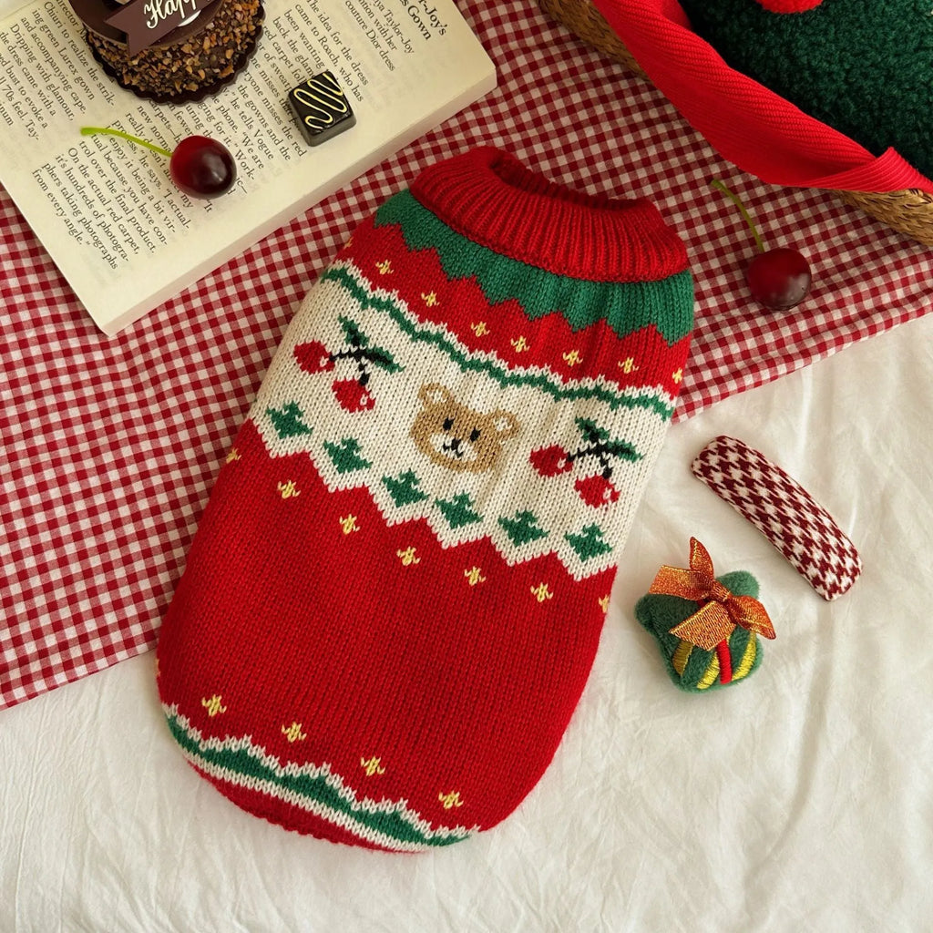 Red Christmas sweater for small dog with cherry pattern, polyester knit pet clothing