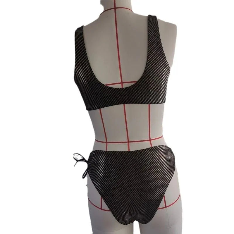 Black polyester triangle bikini swimsuit for women with sleeveless 3D stereo design
