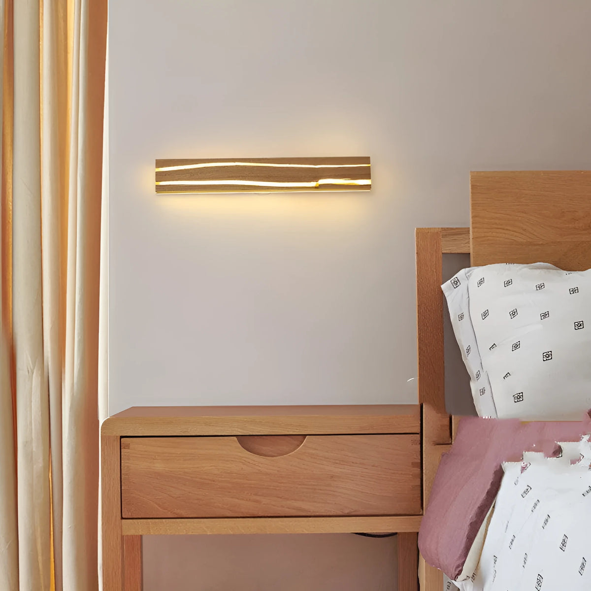 Solid wood LED wall light in log colour, rubber wood and acrylic, 30cm 7W or 50cm 11W, AC220V, for bedroom